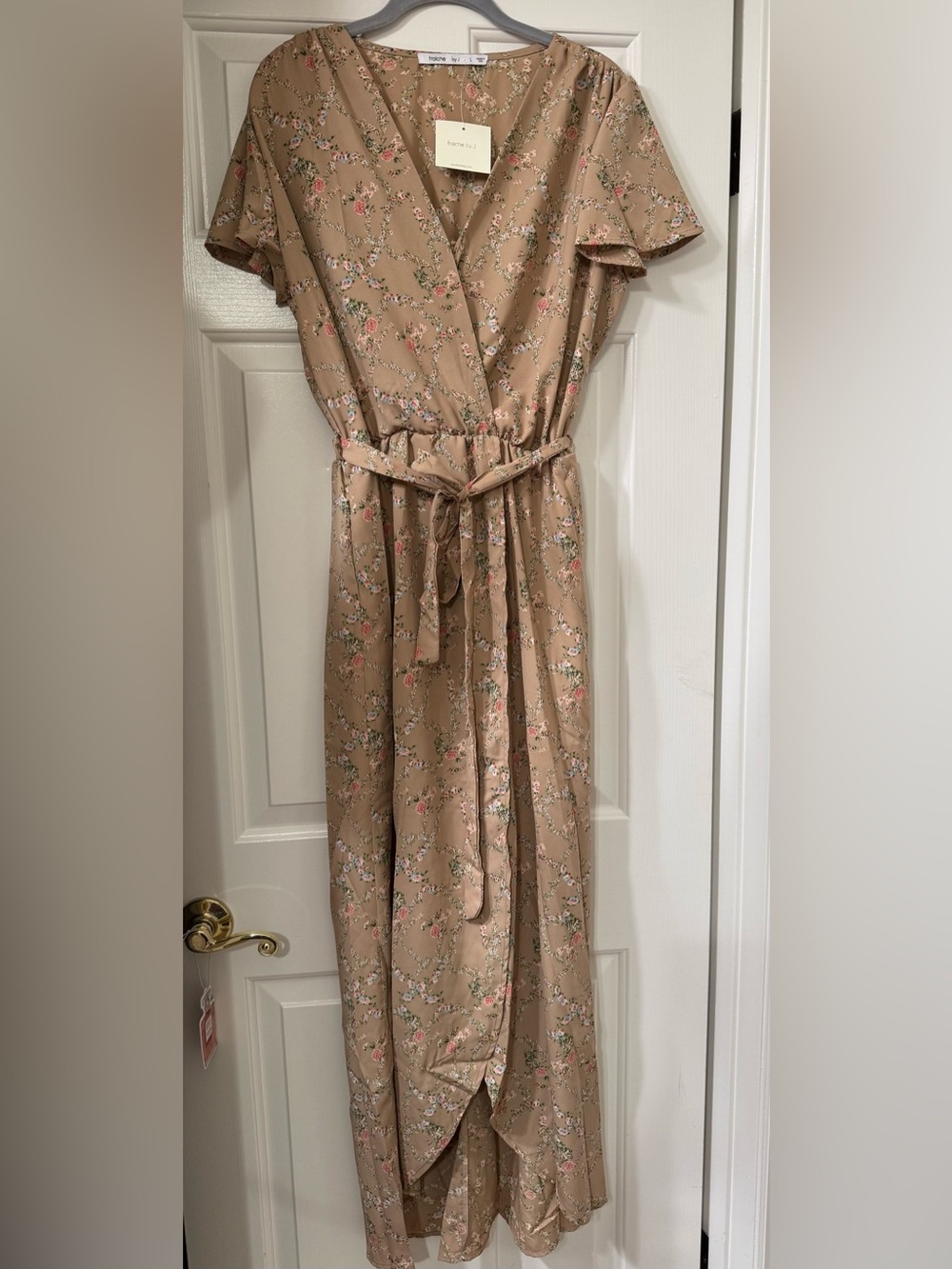 Fraiche Beige Floral Wrap Belted Maxi Dress *NWT